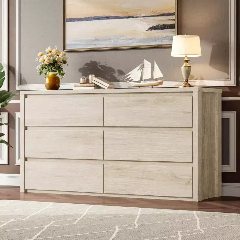 Commode à 6 tiroirs pour chambre à coucher, commode large en bois sans poignée, grande commode de rangement moderne pour salon, couloir, entrée