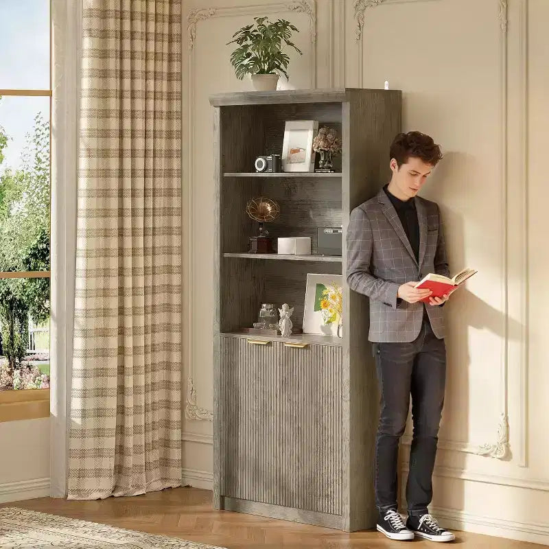 Bibliothèque à 5 niveaux avec armoire de rangement et étagère réglable, étagères de style moderne du milieu du siècle pour le bureau à domicile, le salon