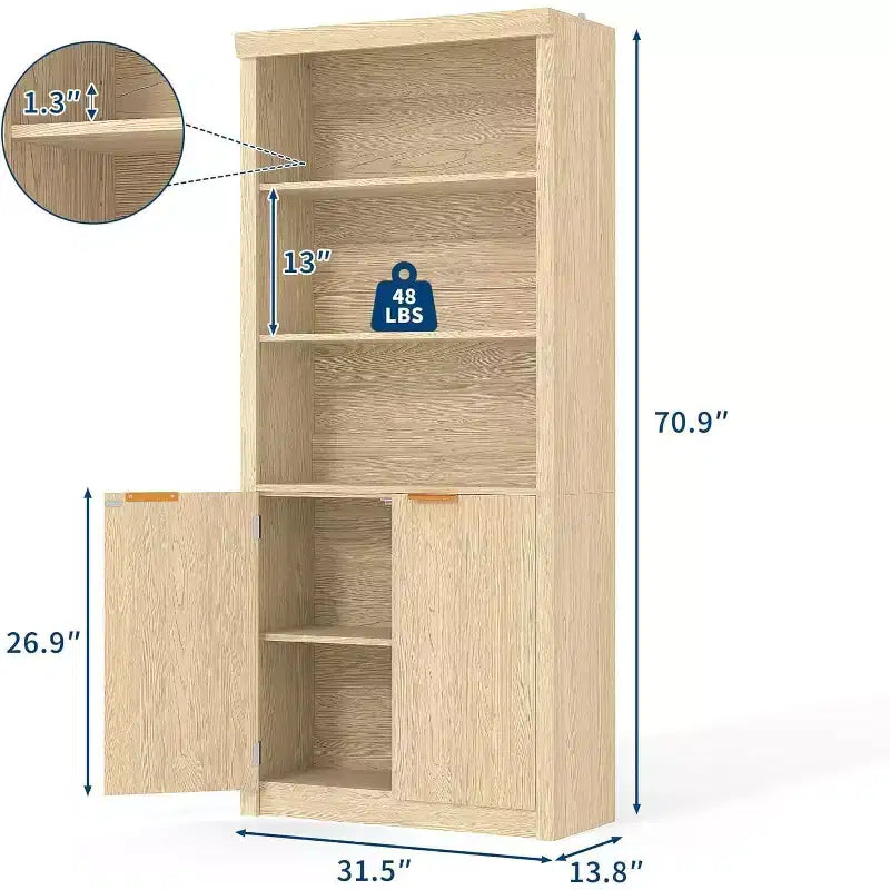 Bibliothèque à 5 niveaux avec armoire de rangement et étagère réglable, étagères de style moderne du milieu du siècle pour le bureau à domicile, le salon