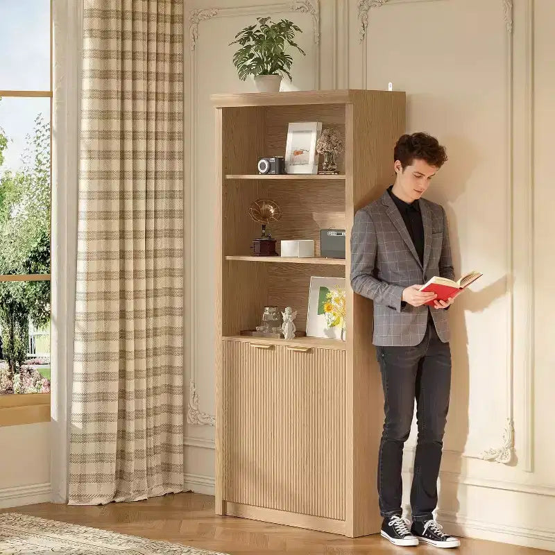 Bibliothèque à 5 niveaux avec armoire de rangement et étagère réglable, étagères de style moderne du milieu du siècle pour le bureau à domicile, le salon