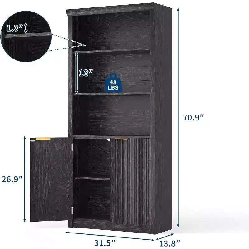 Bibliothèque à 5 niveaux avec armoire de rangement et étagère réglable, étagères de style moderne du milieu du siècle pour le bureau à domicile, le salon