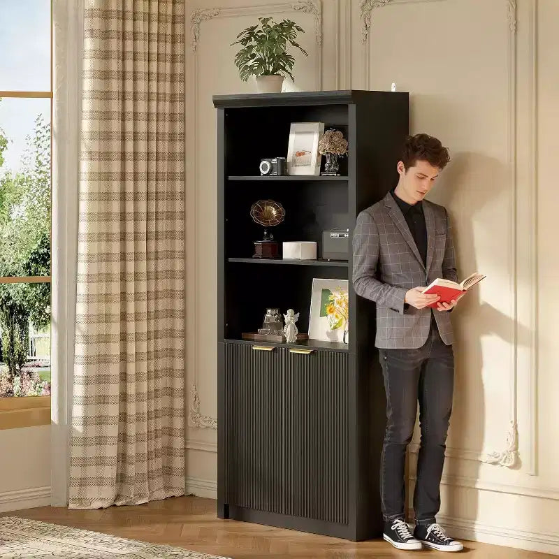 Bibliothèque à 5 niveaux avec armoire de rangement et étagère réglable, étagères de style moderne du milieu du siècle pour le bureau à domicile, le salon