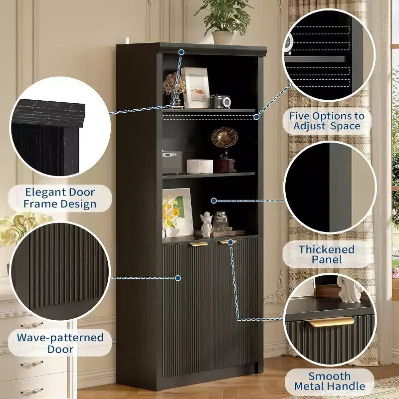 Bibliothèque à 5 niveaux avec armoire de rangement et étagère réglable, étagères de style moderne du milieu du siècle pour le bureau à domicile, le salon