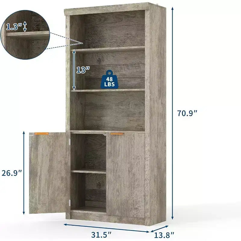 Bibliothèque à 5 niveaux avec armoire de rangement et étagère réglable, étagères de style moderne du milieu du siècle pour le bureau à domicile, le salon