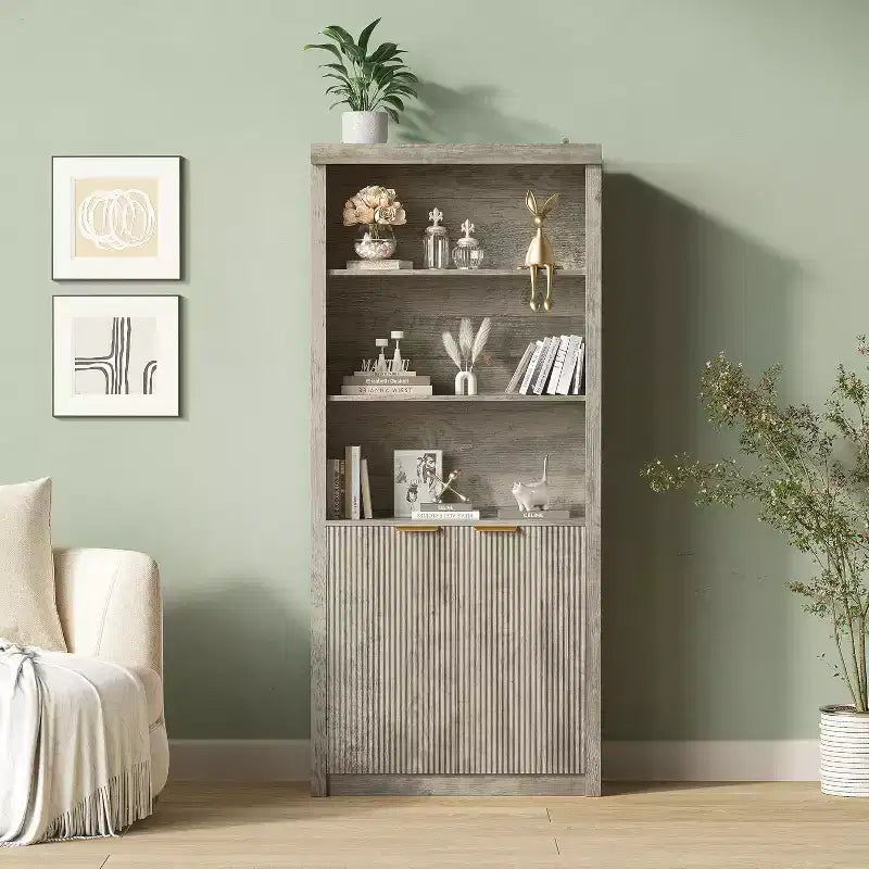 Bibliothèque à 5 niveaux avec armoire de rangement et étagère réglable, étagères de style moderne du milieu du siècle pour le bureau à domicile, le salon
