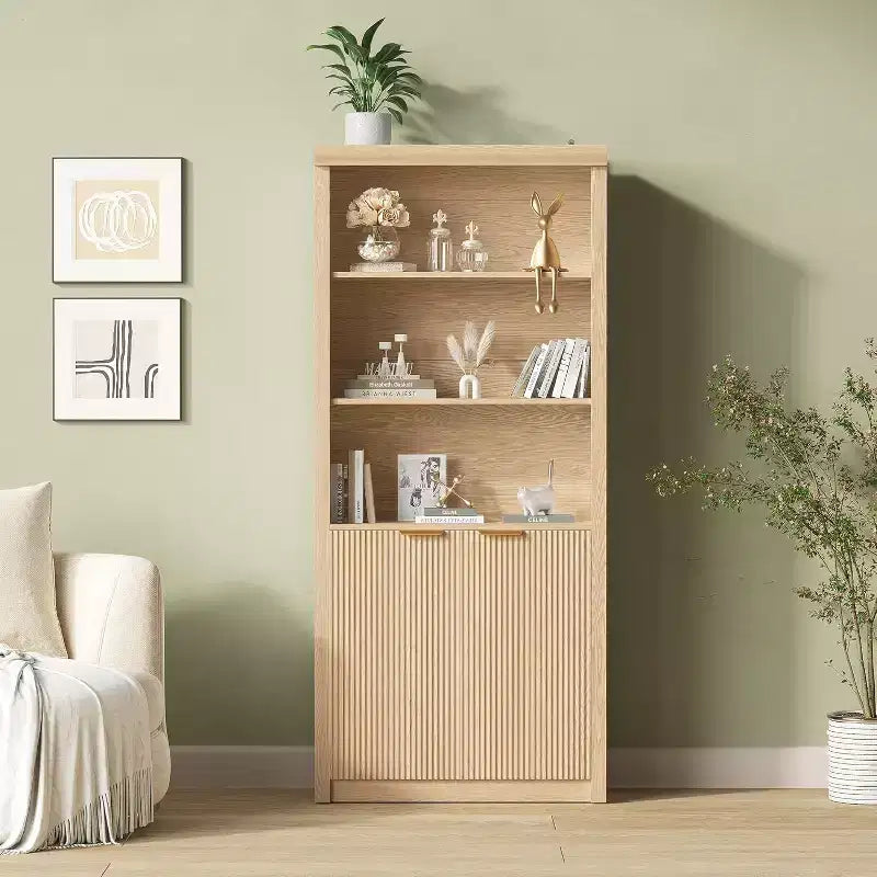 Bibliothèque à 5 niveaux avec armoire de rangement et étagère réglable, étagères de style moderne du milieu du siècle pour le bureau à domicile, le salon