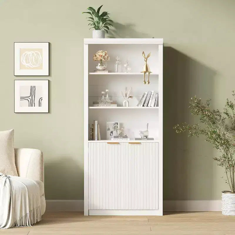 Bibliothèque à 5 niveaux avec armoire de rangement et étagère réglable, étagères de style moderne du milieu du siècle pour le bureau à domicile, le salon
