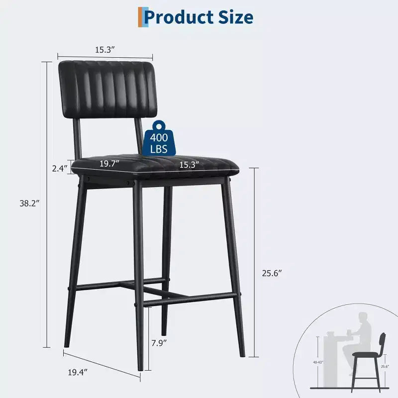 Lot de 2 tabourets de bar à hauteur de comptoir - Robustes 180 kg, coussin épais ergonomique en cuir PU avec dossier et repose-pieds, pour îlot de cuisine/bar à domicile