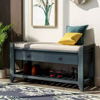 Banc de rangement pour chaussures en bois massif TUYOHW avec 2 tiroirs et coussin, Organisateur d'entrée multifonctionnel avec base à grille, Bleu marine antique