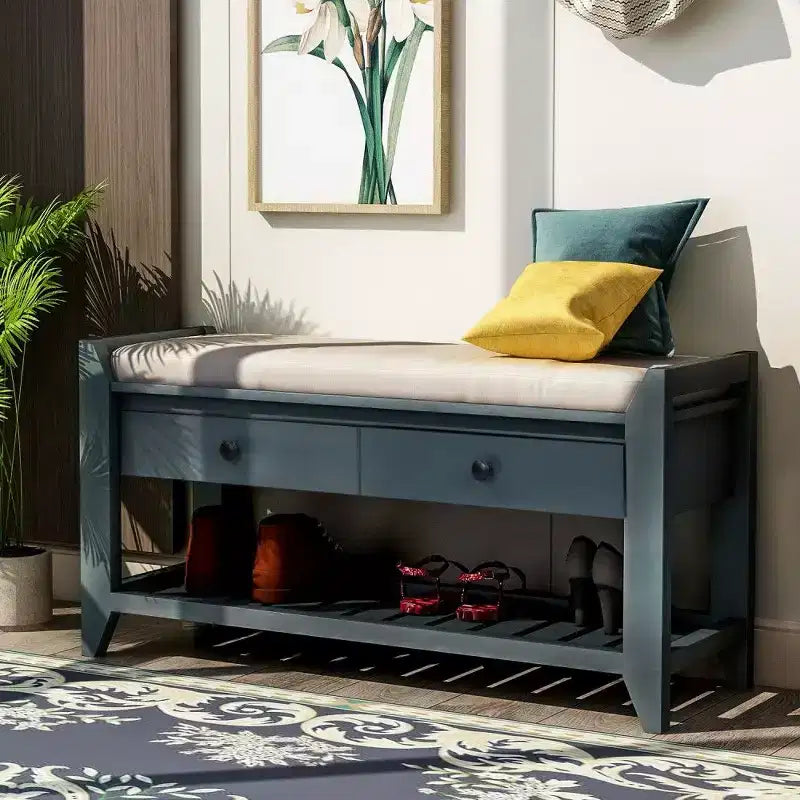 Banc de rangement pour chaussures en bois massif TUYOHW avec 2 tiroirs et coussin, Organisateur d'entrée multifonctionnel avec base à grille, Bleu marine antique
