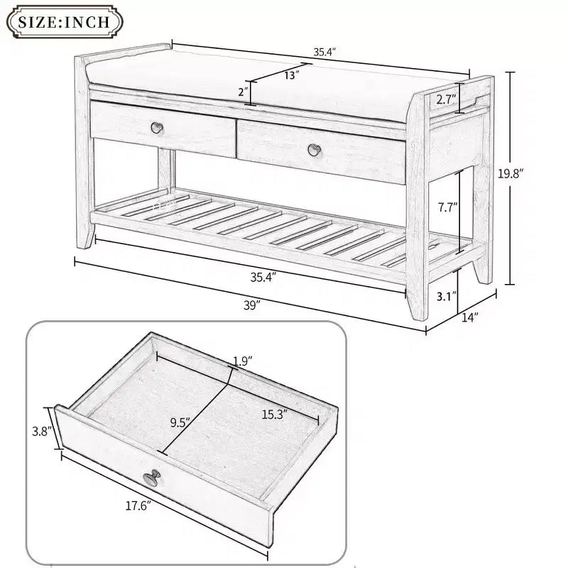 Banc de rangement pour chaussures en bois massif TUYOHW avec 2 tiroirs et coussin, Organisateur d'entrée multifonctionnel avec base à grille, Bleu marine antique