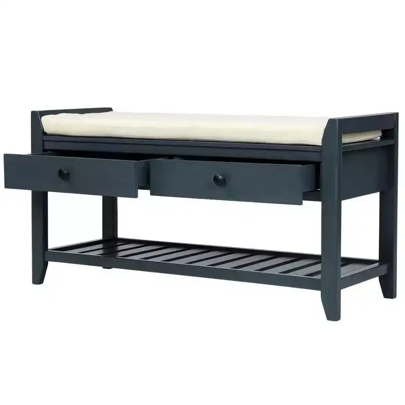 Banc de rangement pour chaussures en bois massif TUYOHW avec 2 tiroirs et coussin, Organisateur d'entrée multifonctionnel avec base à grille, Bleu marine antique