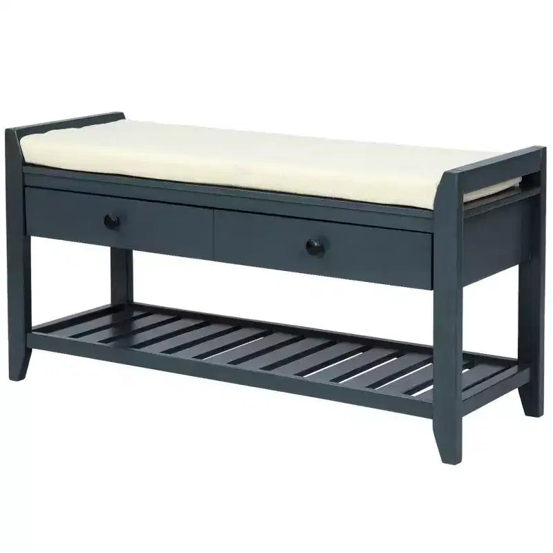 Banc de rangement pour chaussures en bois massif TUYOHW avec 2 tiroirs et coussin, Organisateur d'entrée multifonctionnel avec base à grille, Bleu marine antique