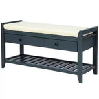 Banc de rangement pour chaussures en bois massif TUYOHW avec 2 tiroirs et coussin, Organisateur d'entrée multifonctionnel avec base à grille, Bleu marine antique