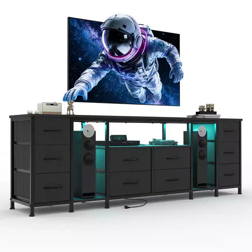 10 Drawer Dresser, TV Stand with Fabric Drawers for 75 70 65 Inch TV, TV Console Table, Entertainment Center with Open Storage Shelves for Bedroom
