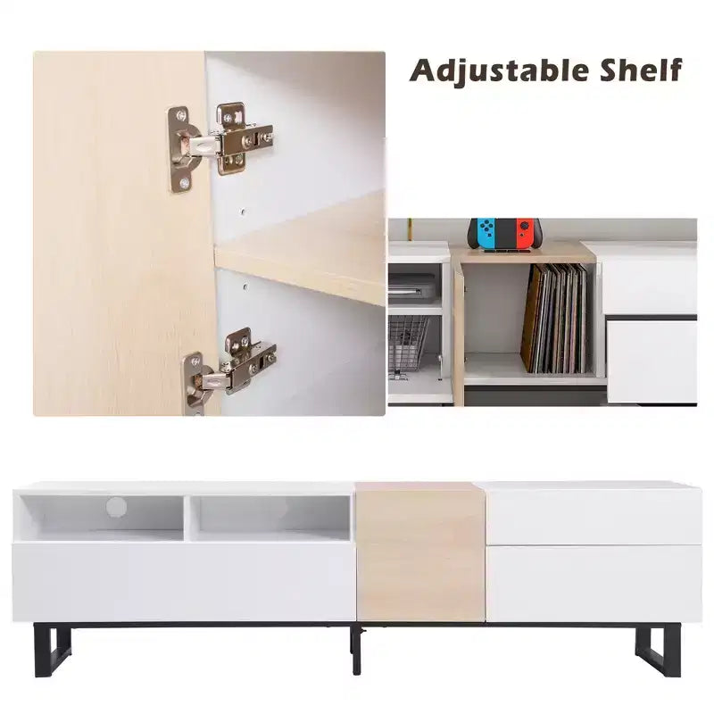 Meuble TV TUYOHW pour téléviseurs jusqu'à 80 pouces, console multimédia TV moderne avec porte abattante, compartiments de rangement et 2 tiroirs
