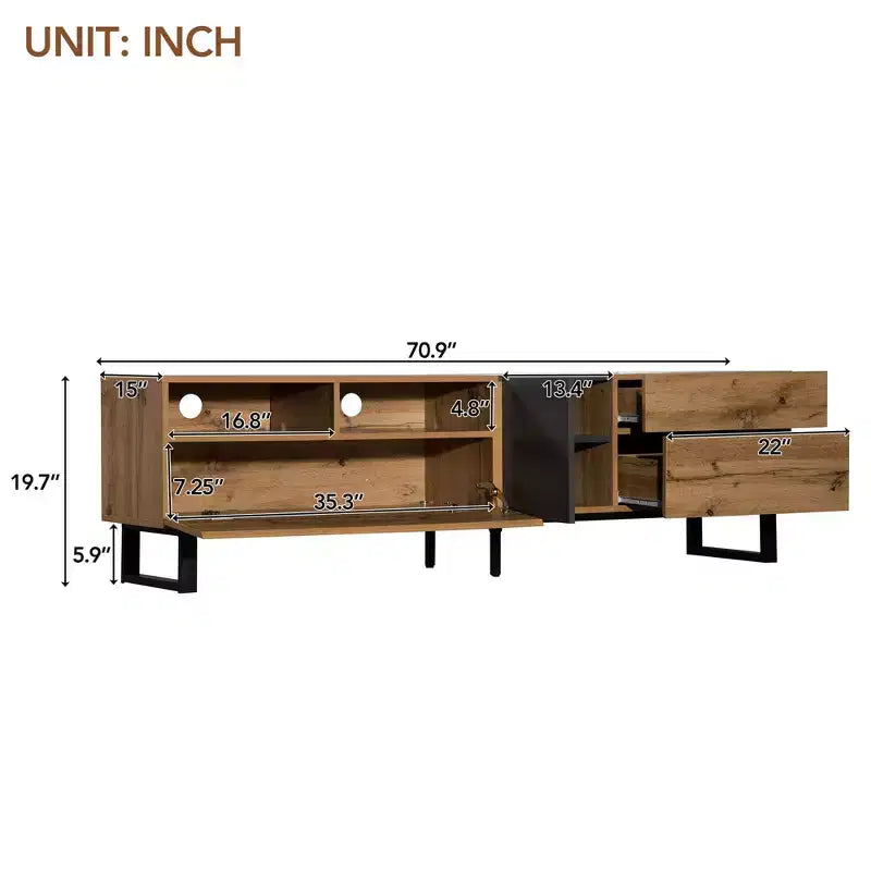 Meuble TV TUYOHW pour téléviseurs jusqu'à 80 pouces, console multimédia TV moderne avec porte abattante, compartiments de rangement et 2 tiroirs