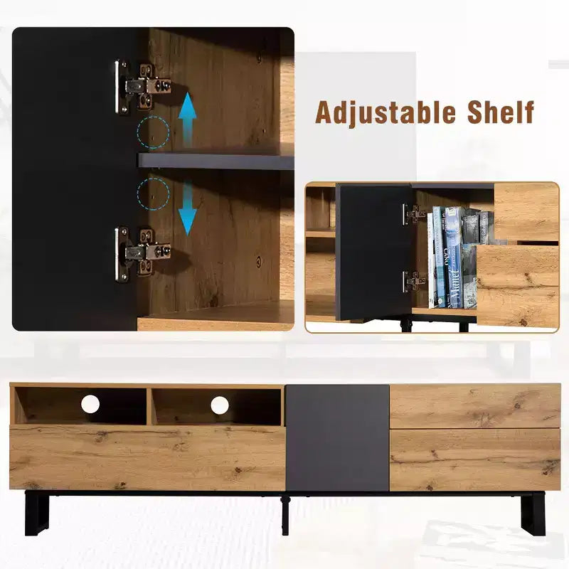 Meuble TV TUYOHW pour téléviseurs jusqu'à 80 pouces, console multimédia TV moderne avec porte abattante, compartiments de rangement et 2 tiroirs
