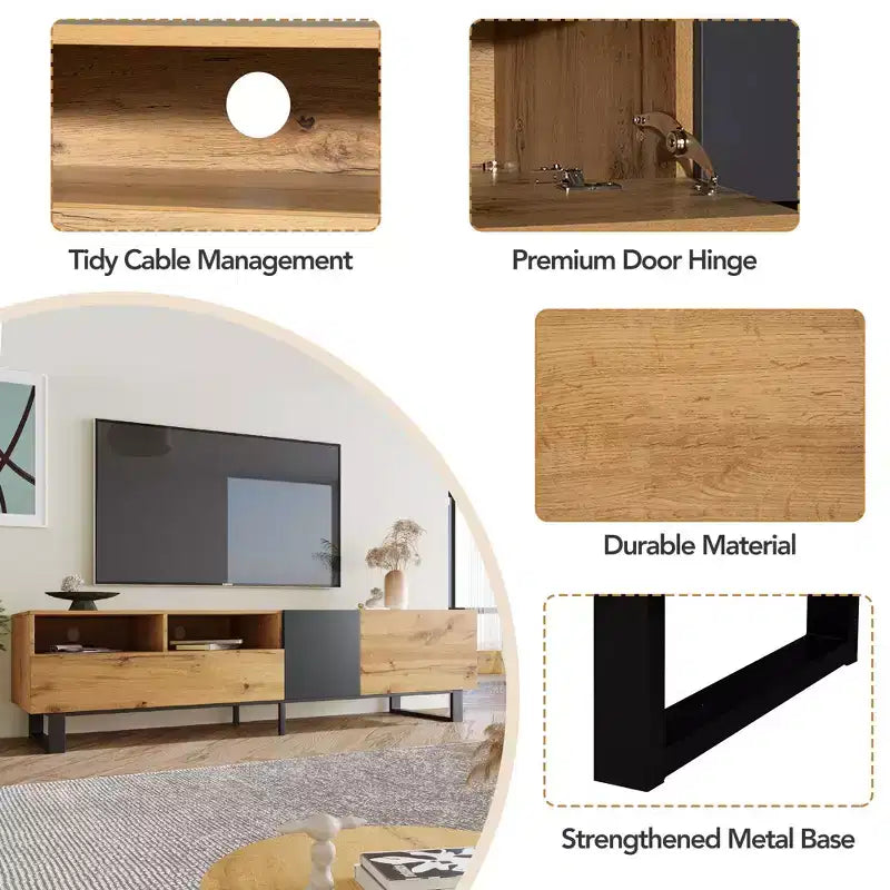 Meuble TV TUYOHW pour téléviseurs jusqu'à 80 pouces, console multimédia TV moderne avec porte abattante, compartiments de rangement et 2 tiroirs