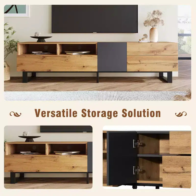 Meuble TV TUYOHW pour téléviseurs jusqu'à 80 pouces, console multimédia TV moderne avec porte abattante, compartiments de rangement et 2 tiroirs