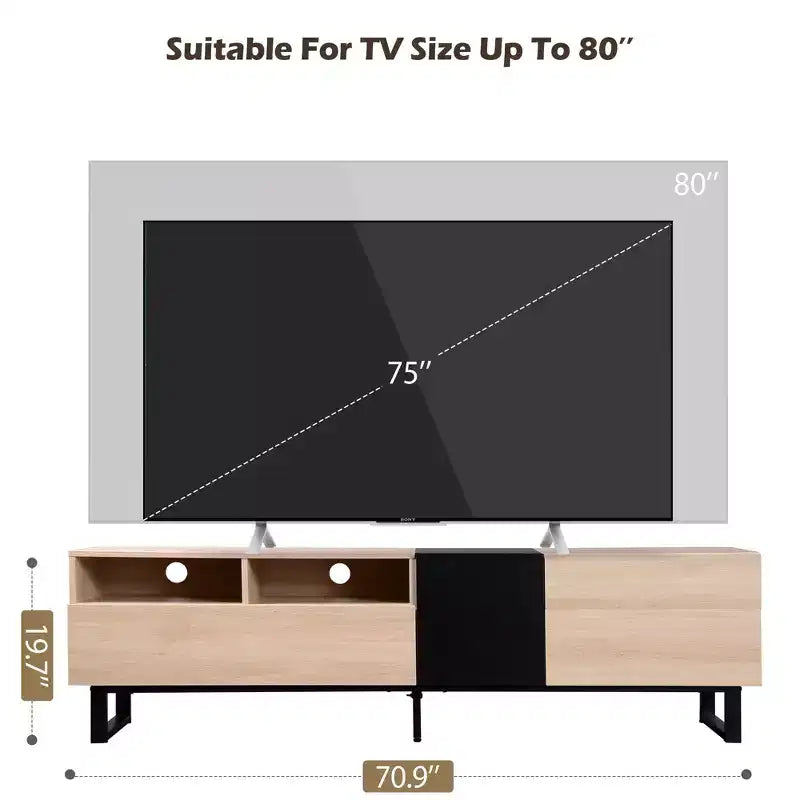 Meuble TV TUYOHW pour téléviseurs jusqu'à 80 pouces, console multimédia TV moderne avec porte abattante, compartiments de rangement et 2 tiroirs