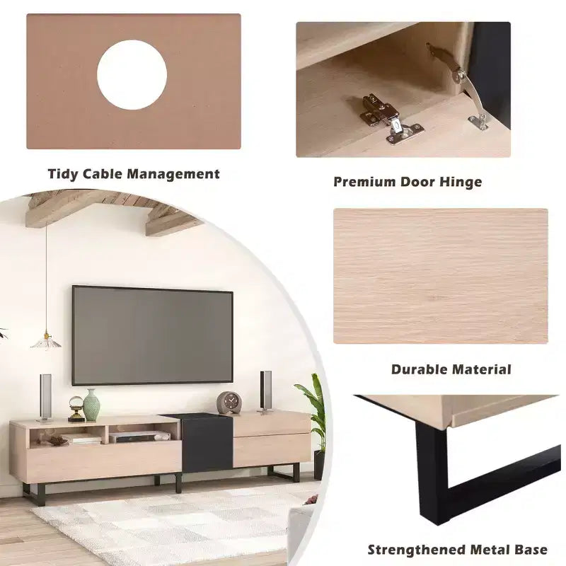 Meuble TV TUYOHW pour téléviseurs jusqu'à 80 pouces, console multimédia TV moderne avec porte abattante, compartiments de rangement et 2 tiroirs