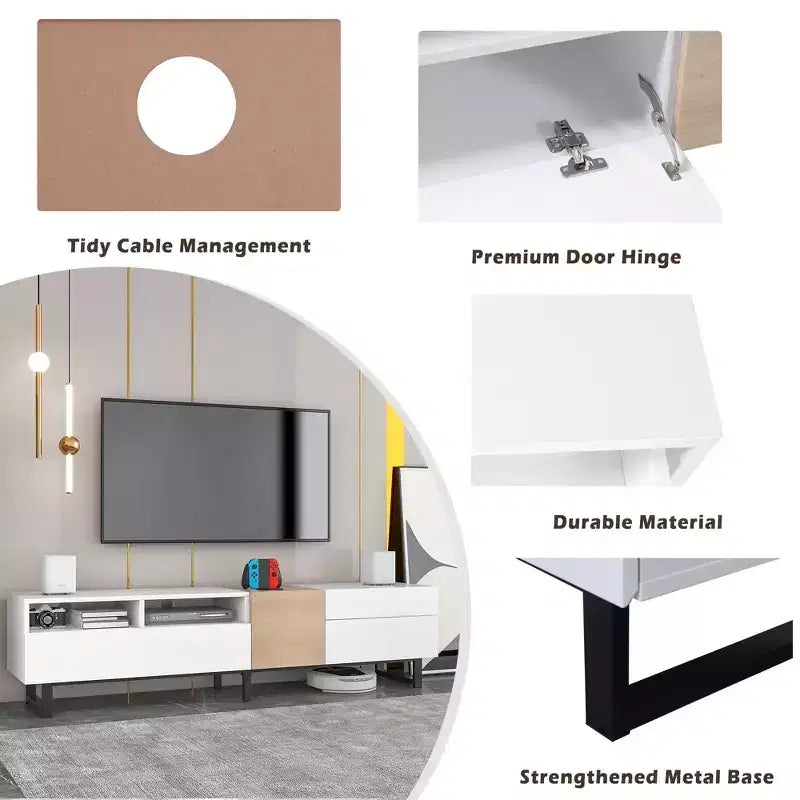 Meuble TV TUYOHW pour téléviseurs jusqu'à 80 pouces, console multimédia TV moderne avec porte abattante, compartiments de rangement et 2 tiroirs