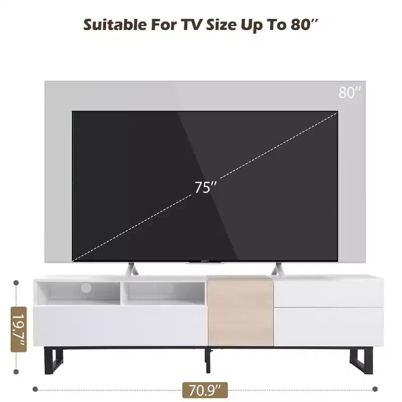 Meuble TV TUYOHW pour téléviseurs jusqu'à 80 pouces, console multimédia TV moderne avec porte abattante, compartiments de rangement et 2 tiroirs