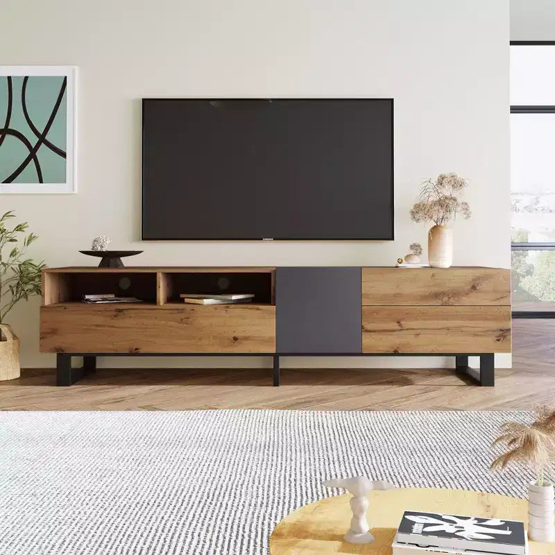 Meuble TV TUYOHW pour téléviseurs jusqu'à 80 pouces, console multimédia TV moderne avec porte abattante, compartiments de rangement et 2 tiroirs