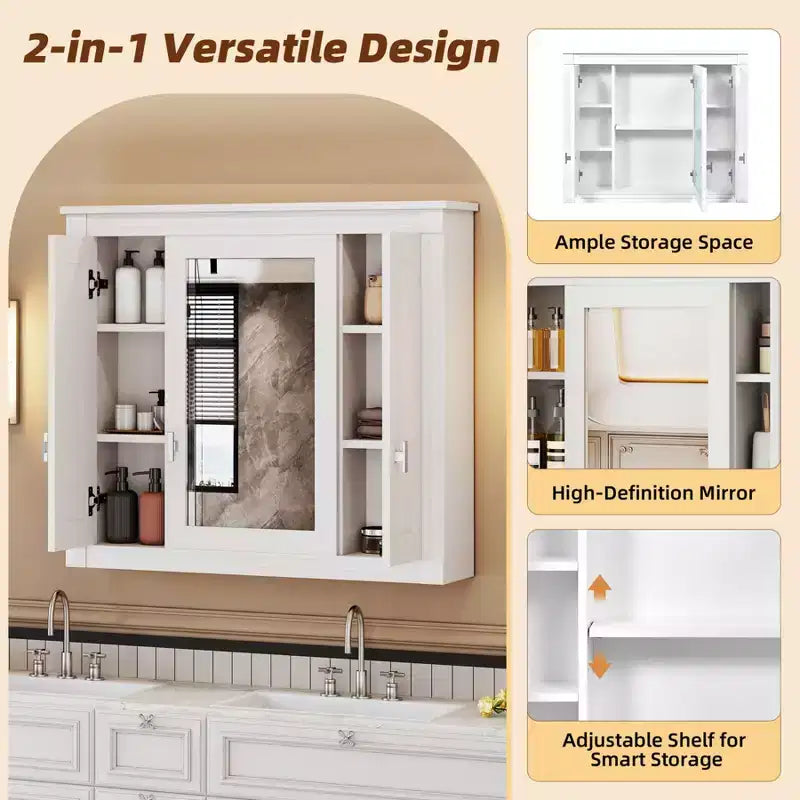 Armoire murale de salle de bain de 35 pouces, armoire à pharmacie murale avec miroir et étagères réglables, meuble de rangement de salle de bain au-dessus des toilettes