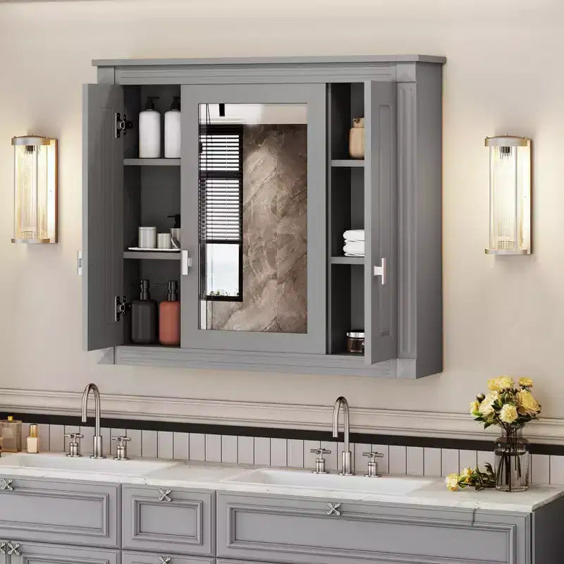 Armoire murale de salle de bain de 35 pouces, armoire à pharmacie murale avec miroir et étagères réglables, meuble de rangement de salle de bain au-dessus des toilettes