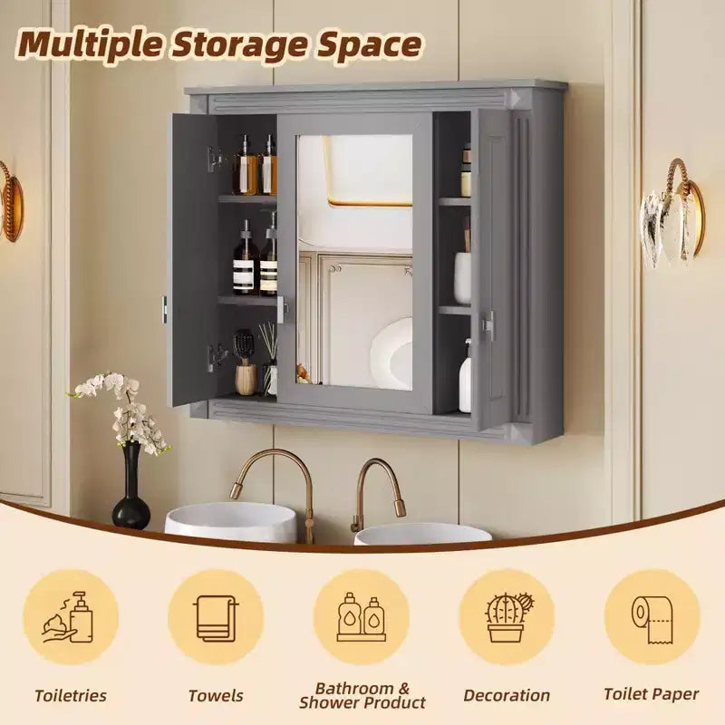 Armoire murale de salle de bain de 35 pouces, armoire à pharmacie murale avec miroir et étagères réglables, meuble de rangement de salle de bain au-dessus des toilettes