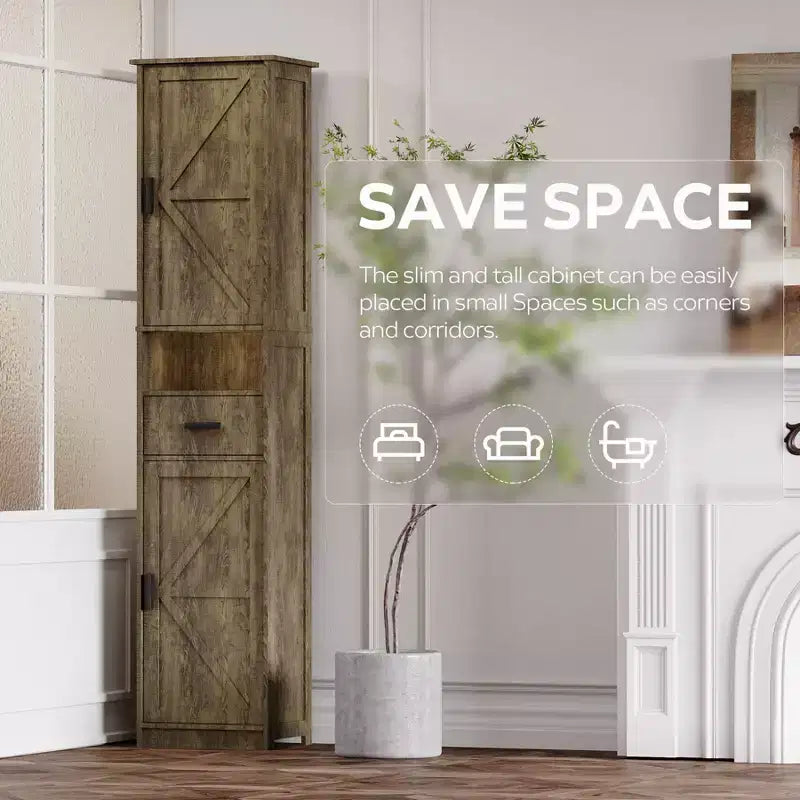 Meuble de salle de bain 69, armoire haute moderne au sol avec 1 tiroir, 2 portes et étagères réglables, meuble de rangement étroit pour la maison, la cuisine