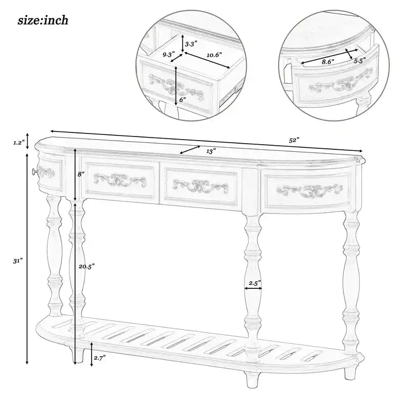 TUYOHW 52 Table console incurvée classique avec 4 tiroirs et étagère inférieure, table d'entrée en bois massif avec grand espace de rangement pour couloir, salon