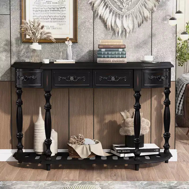 TUYOHW 52 Table console incurvée classique avec 4 tiroirs et étagère inférieure, table d'entrée en bois massif avec grand espace de rangement pour couloir, salon