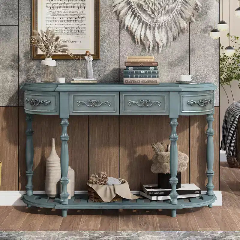 TUYOHW 52 Classic Curved Console Table with 4 Drawers and Lower Shelf,Solid Wood Entryway Table with Ample Storage for Hallway,Living Room
