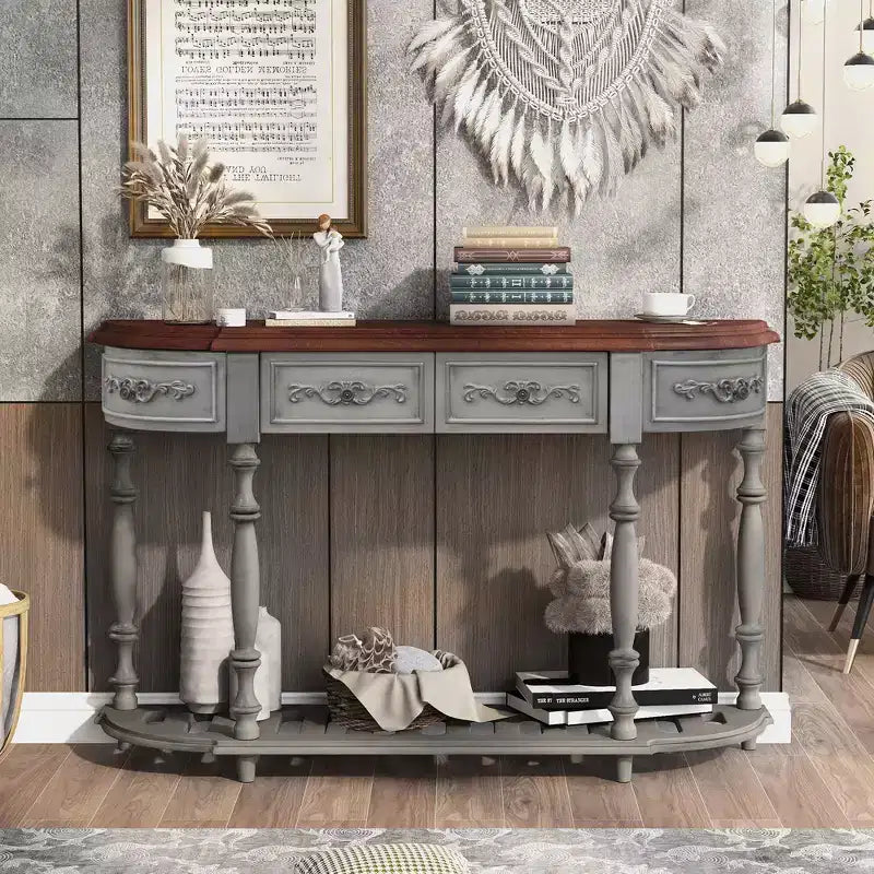 TUYOHW 52 Table console incurvée classique avec 4 tiroirs et étagère inférieure, table d'entrée en bois massif avec grand espace de rangement pour couloir, salon