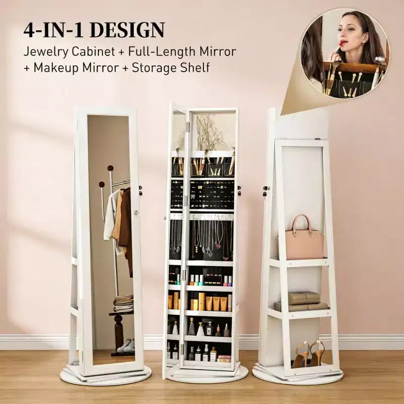TUYOHW Miroir psyché rotatif à 360° avec base stable, miroir sur pied avec rangement à bijoux pour entrée, salon, chambre à coucher