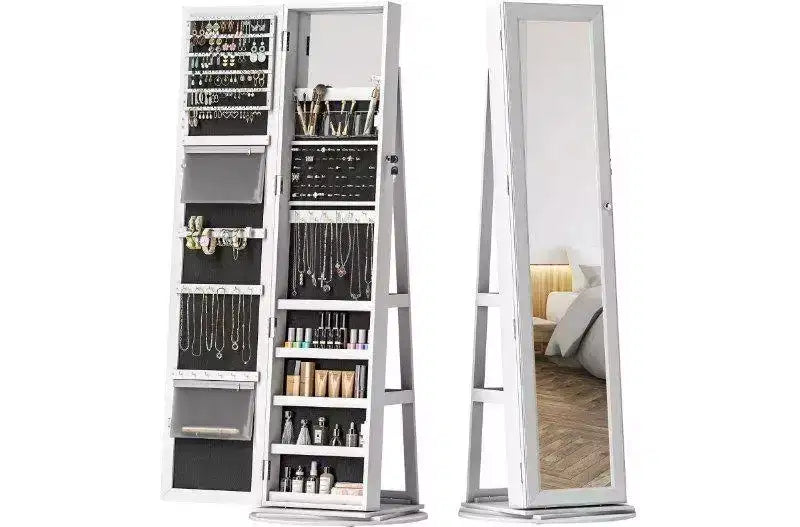 TUYOHW Miroir psyché rotatif à 360° avec base stable, miroir sur pied avec rangement à bijoux pour entrée, salon, chambre à coucher