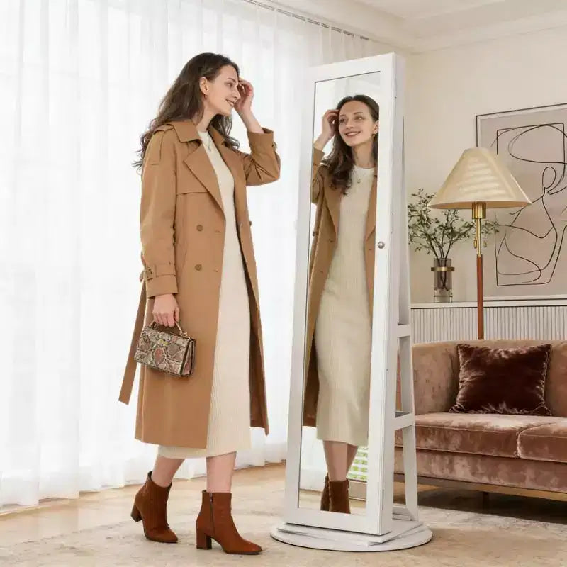 TUYOHW Miroir psyché rotatif à 360° avec base stable, miroir sur pied avec rangement à bijoux pour entrée, salon, chambre à coucher