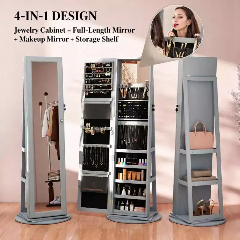 TUYOHW Miroir psyché rotatif à 360° avec base stable, miroir sur pied avec rangement à bijoux pour entrée, salon, chambre à coucher