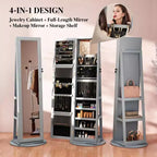 TUYOHW Miroir psyché rotatif à 360° avec base stable, miroir sur pied avec rangement à bijoux pour entrée, salon, chambre à coucher