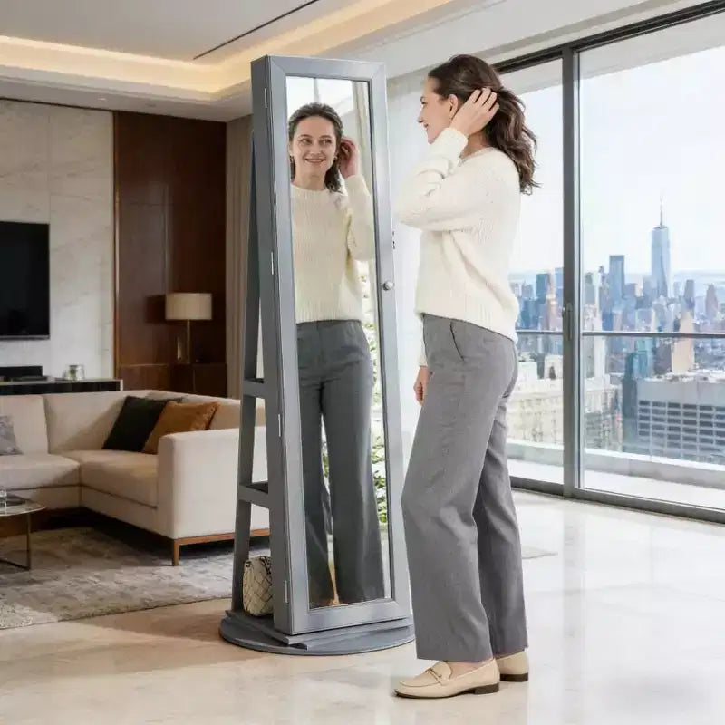 TUYOHW Miroir psyché rotatif à 360° avec base stable, miroir sur pied avec rangement à bijoux pour entrée, salon, chambre à coucher