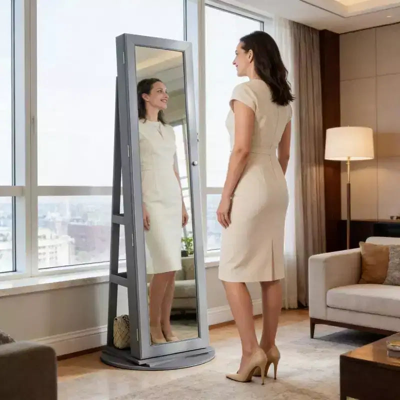 TUYOHW Miroir psyché rotatif à 360° avec base stable, miroir sur pied avec rangement à bijoux pour entrée, salon, chambre à coucher