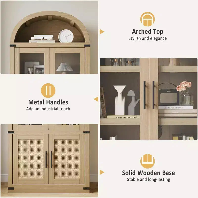 Grand meuble de rangement moderne à arche de 183 cm – Étagère à 6 niveaux avec 2 portes en verre et 2 portes en bois pour salon/cuisine/bureau