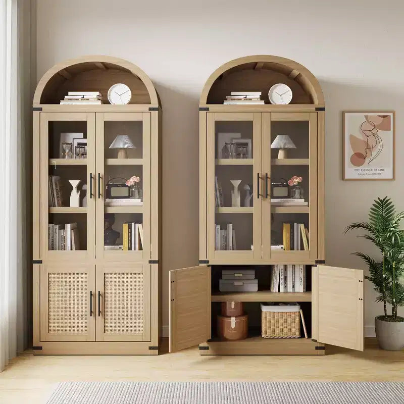Grand meuble de rangement moderne à arche de 183 cm – Étagère à 6 niveaux avec 2 portes en verre et 2 portes en bois pour salon/cuisine/bureau