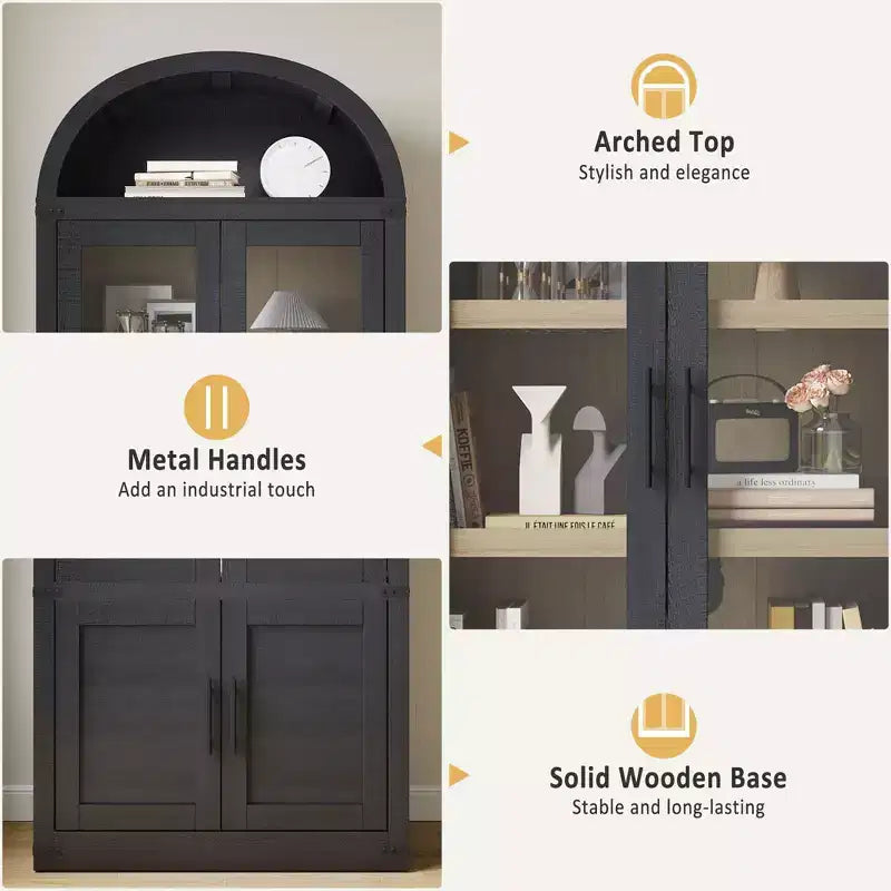 Grand meuble de rangement moderne à arche de 183 cm – Étagère à 6 niveaux avec 2 portes en verre et 2 portes en bois pour salon/cuisine/bureau