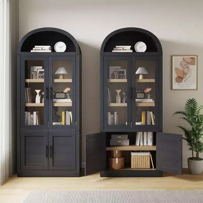 Grand meuble de rangement moderne à arche de 183 cm – Étagère à 6 niveaux avec 2 portes en verre et 2 portes en bois pour salon/cuisine/bureau