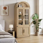 Grand meuble de rangement moderne à arche de 183 cm – Étagère à 6 niveaux avec 2 portes en verre et 2 portes en bois pour salon/cuisine/bureau