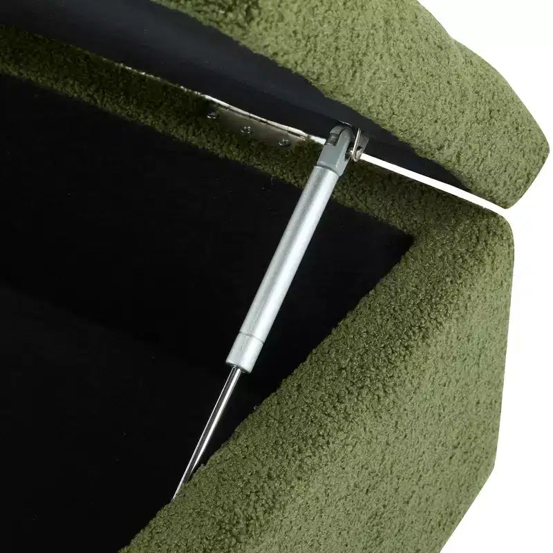 Banc de rangement ottoman Zeus & Ruta 51 po en tissu bouclé vert avec capitonnage et pieds en bois d'hévéa